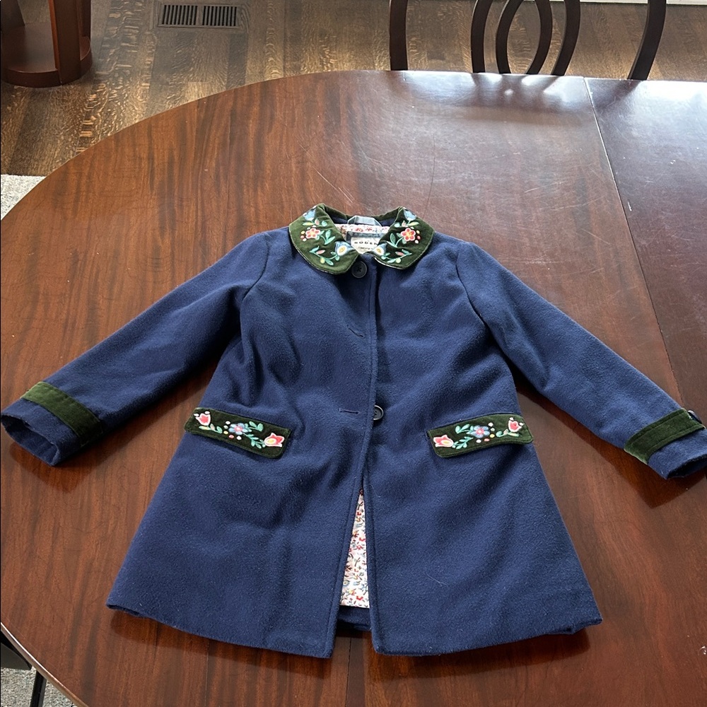 Mini Boden Navy Coat with Green Embroidered Trim